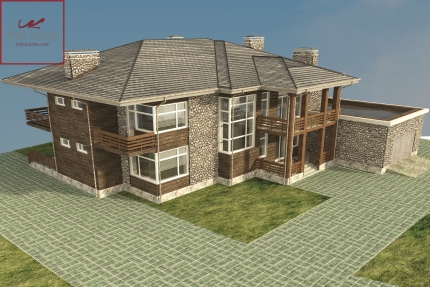 Phối cảnh 3d biệt thự sân vườn với nền gạch cổ men xanh